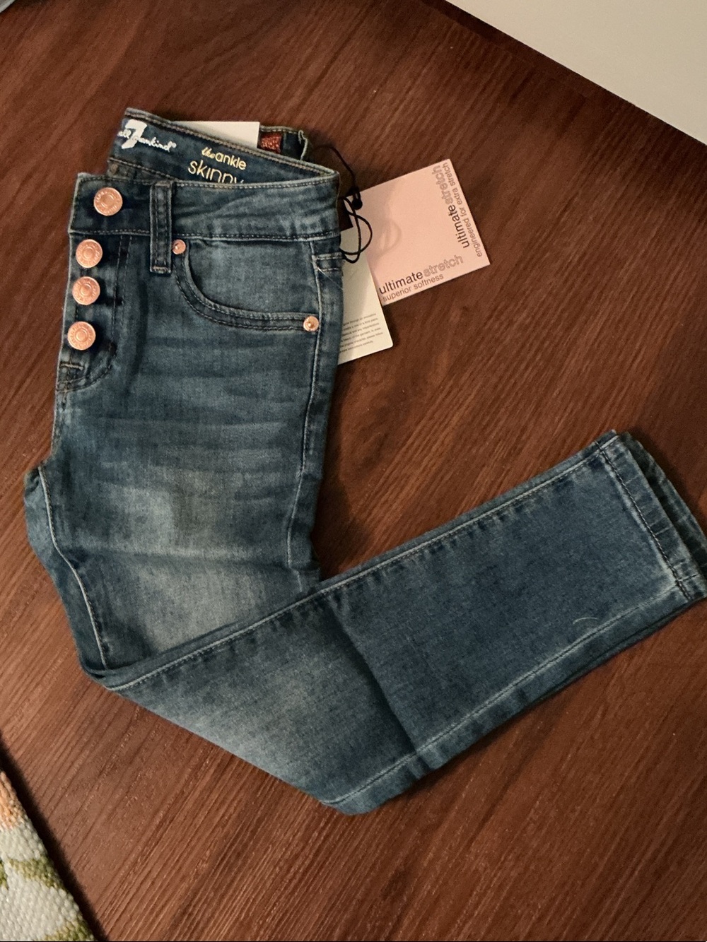 7 For All Mankind Girls Dark Blue Skinny Ankle Jeans with Copper Buttons